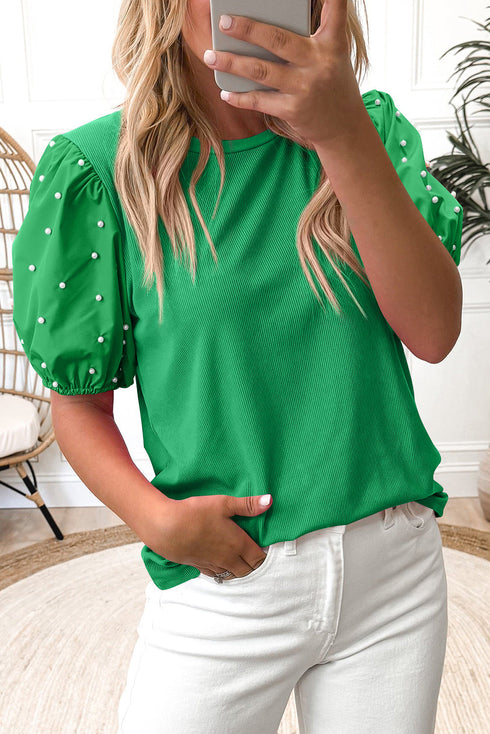 Ribbed Knit Puff Sleeve Pearl Beaded Shirt