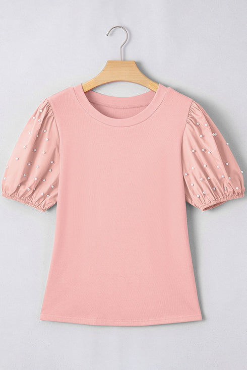 Ribbed Knit Puff Sleeve Pearl Beaded Shirt