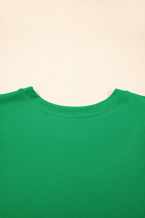 Ribbed Knit Puff Sleeve Pearl Beaded Shirt