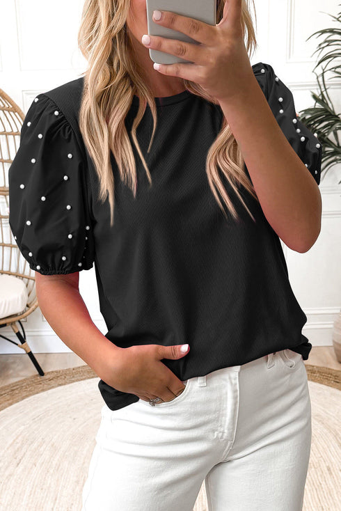 Ribbed Knit Puff Sleeve Pearl Beaded Shirt
