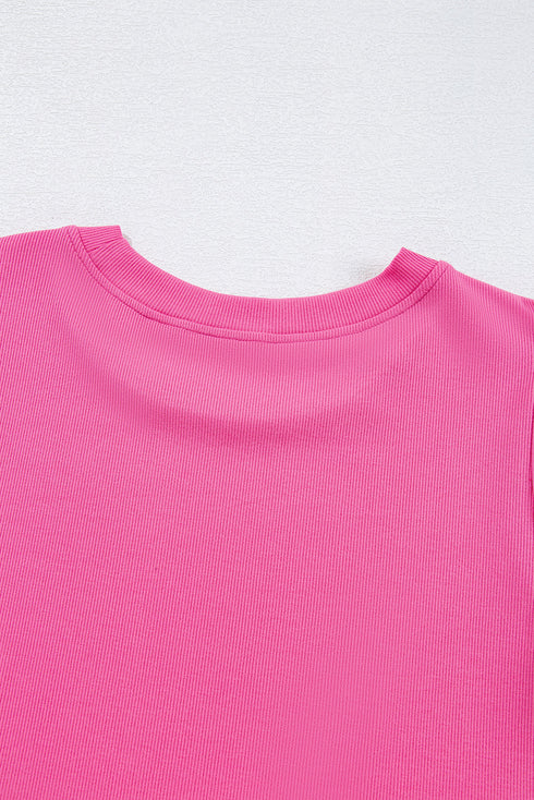 Ribbed Knit Puff Sleeve Pearl Beaded Shirt