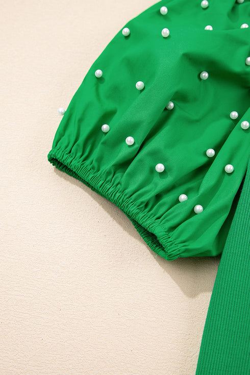 Ribbed Knit Puff Sleeve Pearl Beaded Shirt