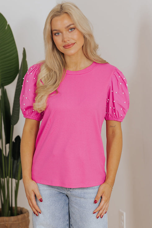 Ribbed Knit Puff Sleeve Pearl Beaded Shirt