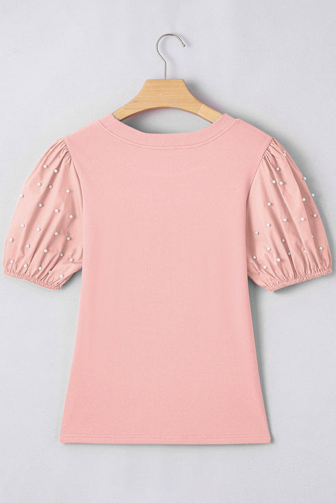 Ribbed Knit Puff Sleeve Pearl Beaded Shirt