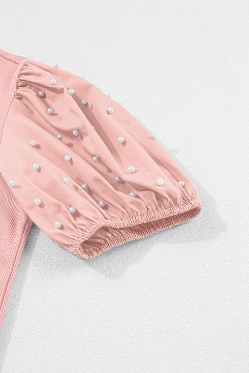 Ribbed Knit Puff Sleeve Pearl Beaded Shirt