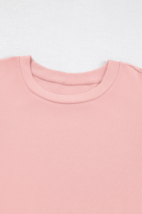 Ribbed Knit Puff Sleeve Pearl Beaded Shirt