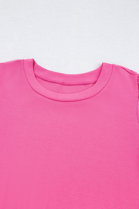 Ribbed Knit Puff Sleeve Pearl Beaded Shirt