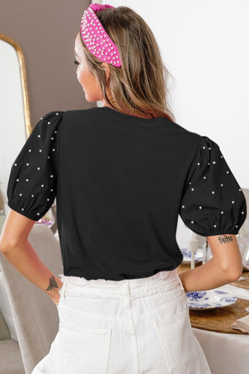 Ribbed Knit Puff Sleeve Pearl Beaded Shirt