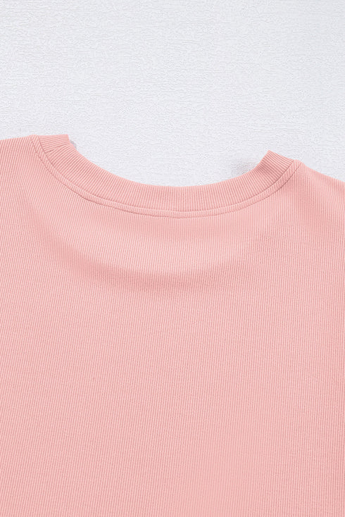 Ribbed Knit Puff Sleeve Pearl Beaded Shirt