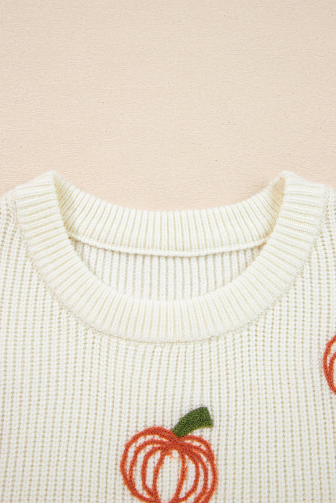 Ribbed Knit Pumpkin Pattern Crew Neck Sweater