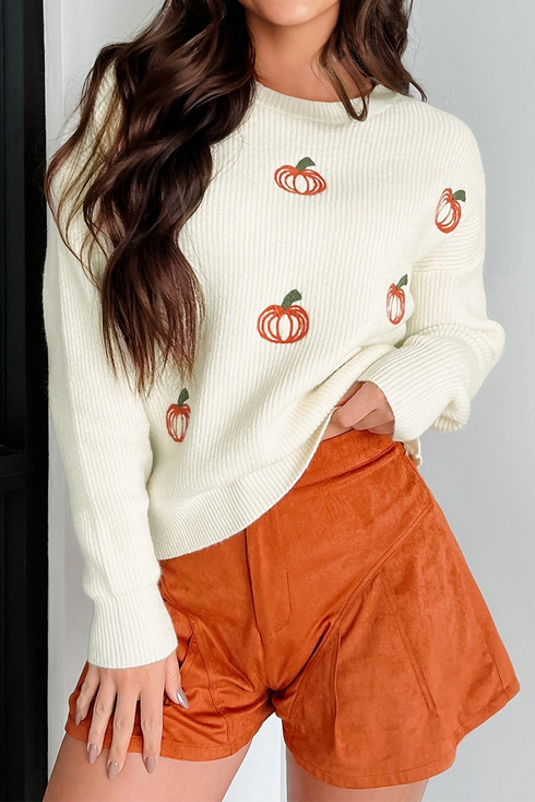 Ribbed Knit Pumpkin Pattern Crew Neck Sweater