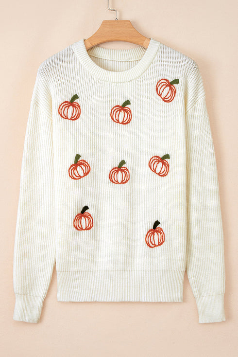 Ribbed Knit Pumpkin Pattern Crew Neck Sweater