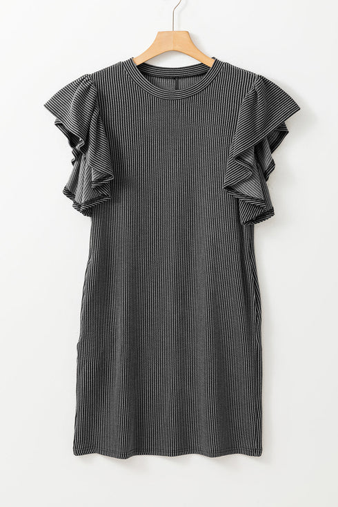 Ribbed Knit Ruffle Sleeve Relaxed Shift Dress