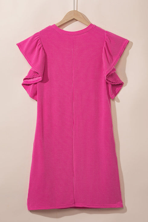 Ribbed Knit Ruffle Sleeve Relaxed Shift Dress