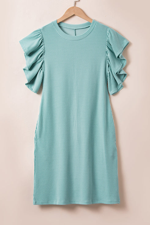 Ribbed Knit Ruffle Sleeve Relaxed Shift Dress