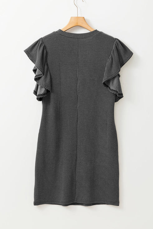 Ribbed Knit Ruffle Sleeve Relaxed Shift Dress
