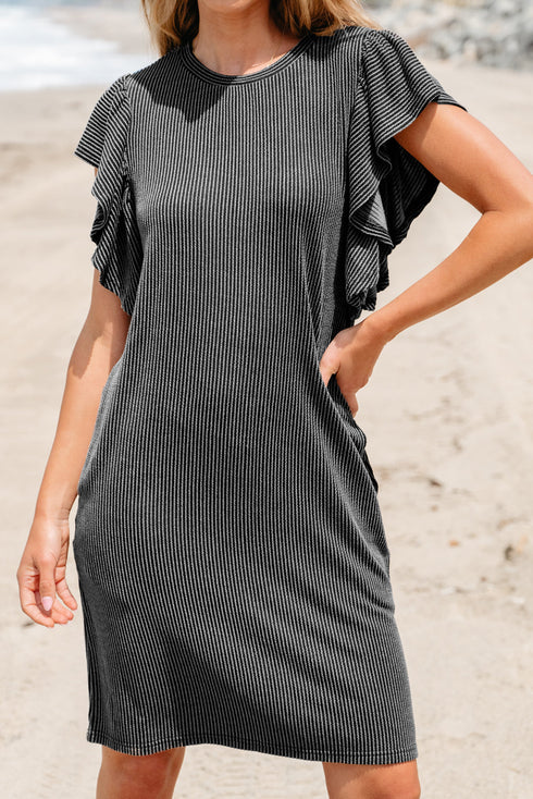 Ribbed Knit Ruffle Sleeve Relaxed Shift Dress