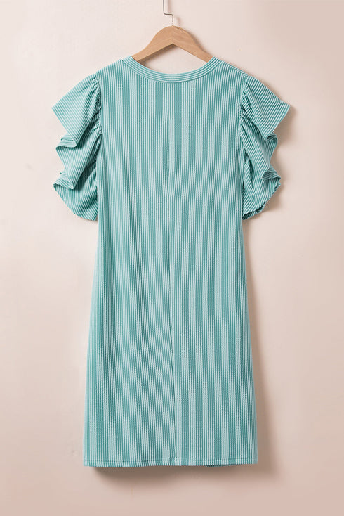 Ribbed Knit Ruffle Sleeve Relaxed Shift Dress