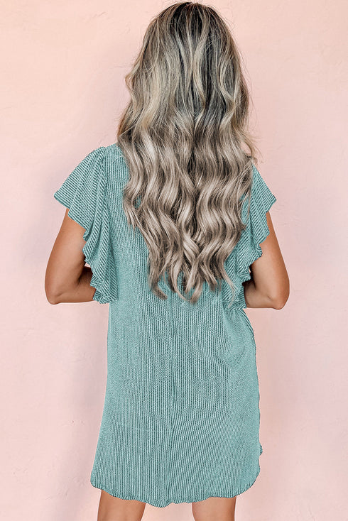 Ribbed Knit Ruffle Sleeve Relaxed Shift Dress