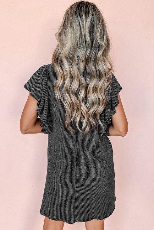 Ribbed Knit Ruffle Sleeve Relaxed Shift Dress