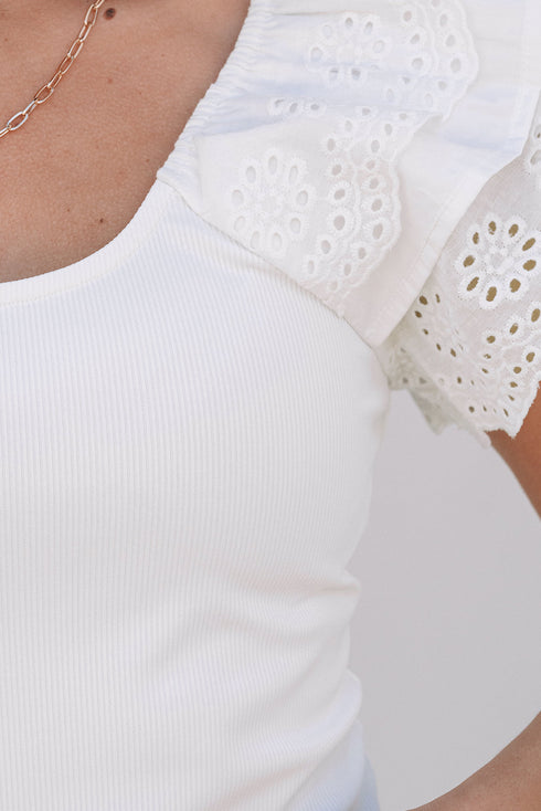 Ribbed Knit Ruffle Sleeve Slim Fit Top