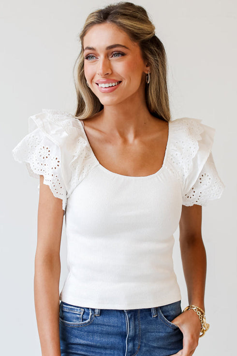 Ribbed Knit Ruffle Sleeve Slim Fit Top