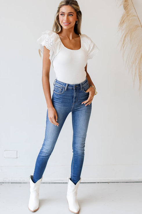 Ribbed Knit Ruffle Sleeve Slim Fit Top