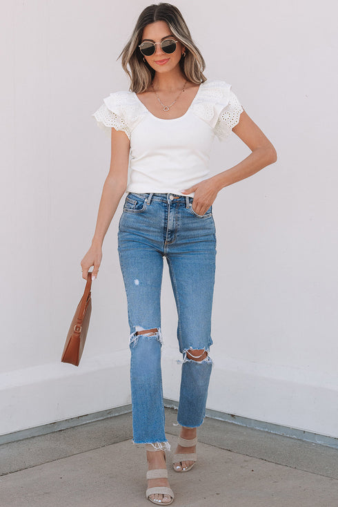 Ribbed Knit Ruffle Sleeve Slim Fit Top