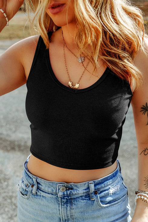 Ribbed Knit Scoop Neck Fitted Cropped Tank Top