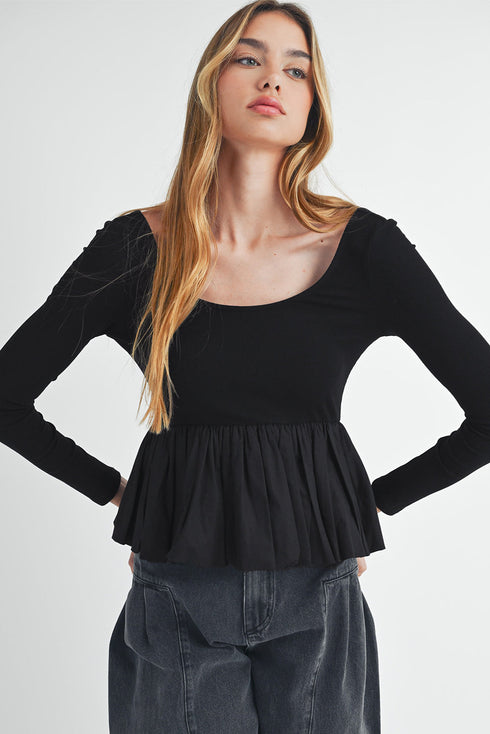 Ribbed Knit Scoop Neck Long Sleeve Peplum Top