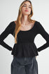 Ribbed Knit Scoop Neck Long Sleeve Peplum Top