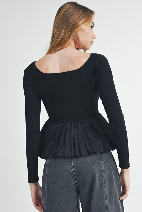 Ribbed Knit Scoop Neck Long Sleeve Peplum Top
