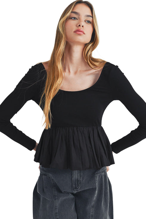 Ribbed Knit Scoop Neck Long Sleeve Peplum Top