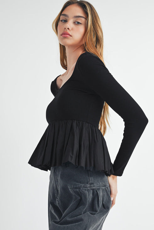 Ribbed Knit Scoop Neck Long Sleeve Peplum Top