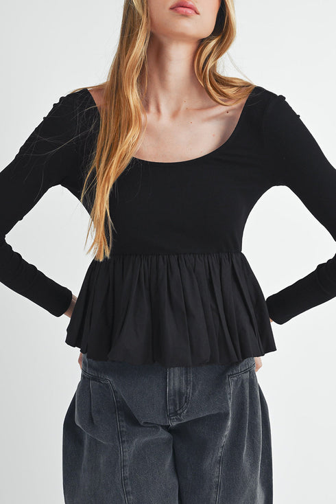 Ribbed Knit Scoop Neck Long Sleeve Peplum Top