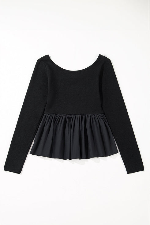 Ribbed Knit Scoop Neck Long Sleeve Peplum Top