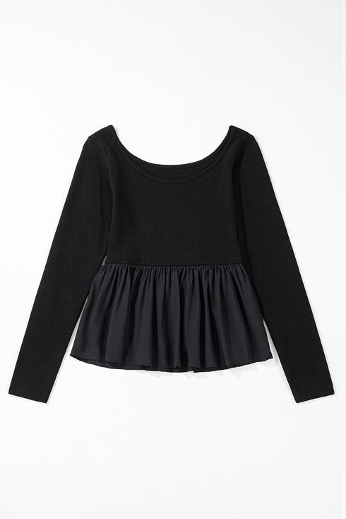 Ribbed Knit Scoop Neck Long Sleeve Peplum Top