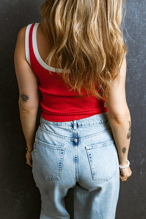 Ribbed Knit Scoop Neck Sleeveless Tank Top