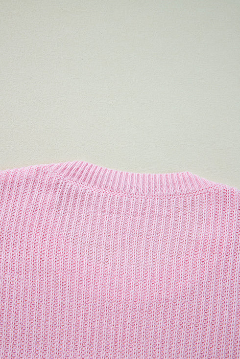 Ribbed Knit Script Graphic Crew Neck Sweater