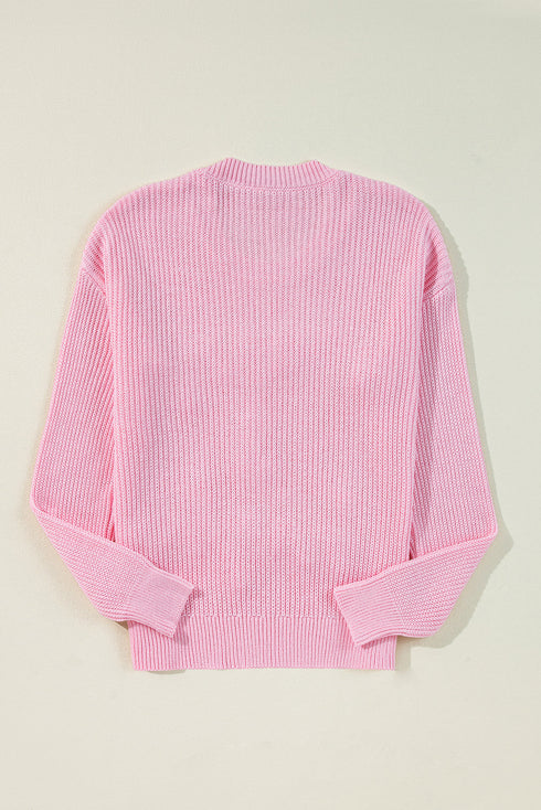 Ribbed Knit Script Graphic Crew Neck Sweater