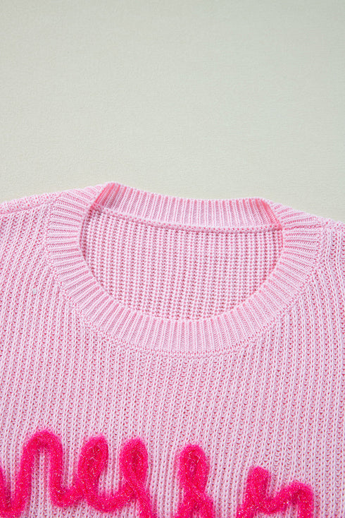 Ribbed Knit Script Graphic Crew Neck Sweater