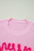 Ribbed Knit Script Graphic Crew Neck Sweater