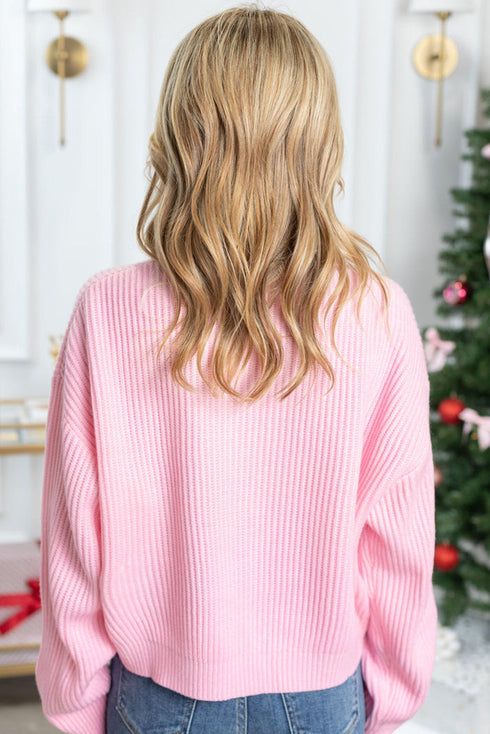 Ribbed Knit Script Graphic Crew Neck Sweater