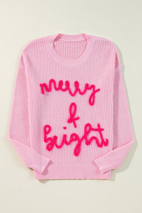 Ribbed Knit Script Graphic Crew Neck Sweater