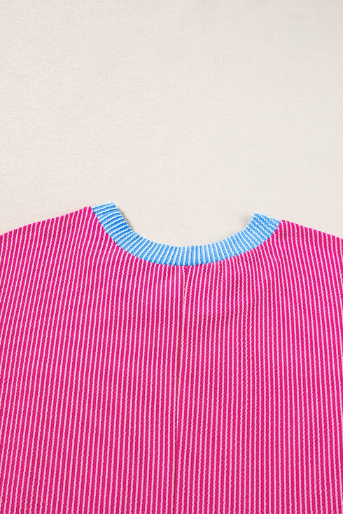 Ribbed Knit Short Sleeve Contrast Trim Mini Dress