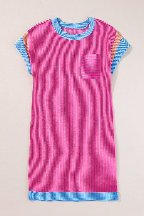 Ribbed Knit Short Sleeve Contrast Trim Mini Dress