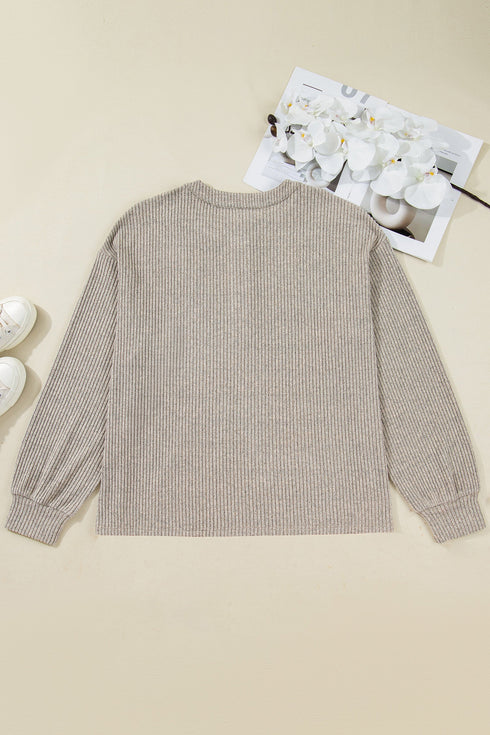 Ribbed Knit Solid Henley Kangaroo Pocket Long Sleeve Top