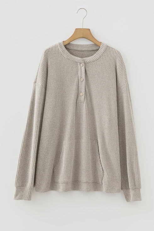Ribbed Knit Solid Henley Kangaroo Pocket Long Sleeve Top