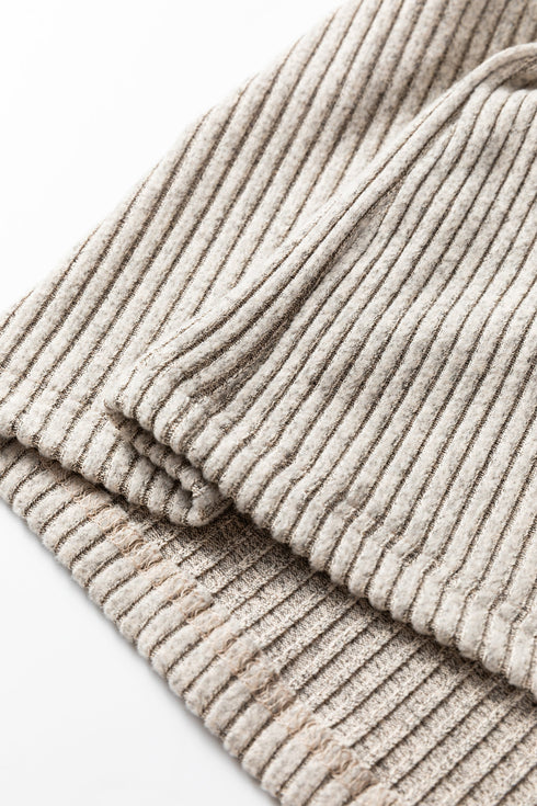 Ribbed Knit Solid Henley Kangaroo Pocket Long Sleeve Top
