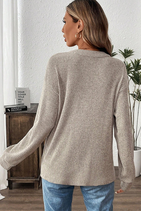 Ribbed Knit Solid Henley Kangaroo Pocket Long Sleeve Top